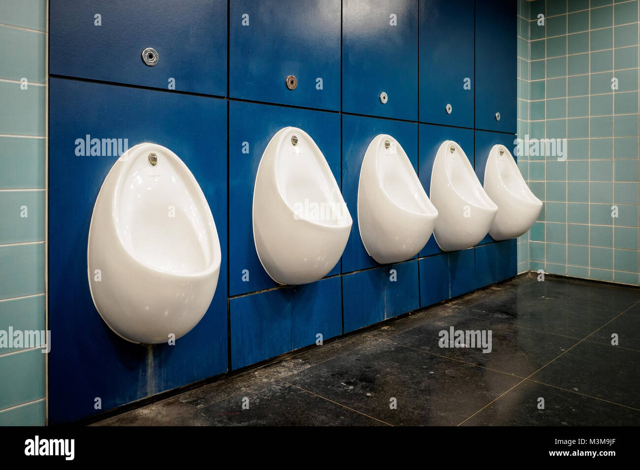 London (UK) August 2017. Raw of urinals in a toilet in the South Bank