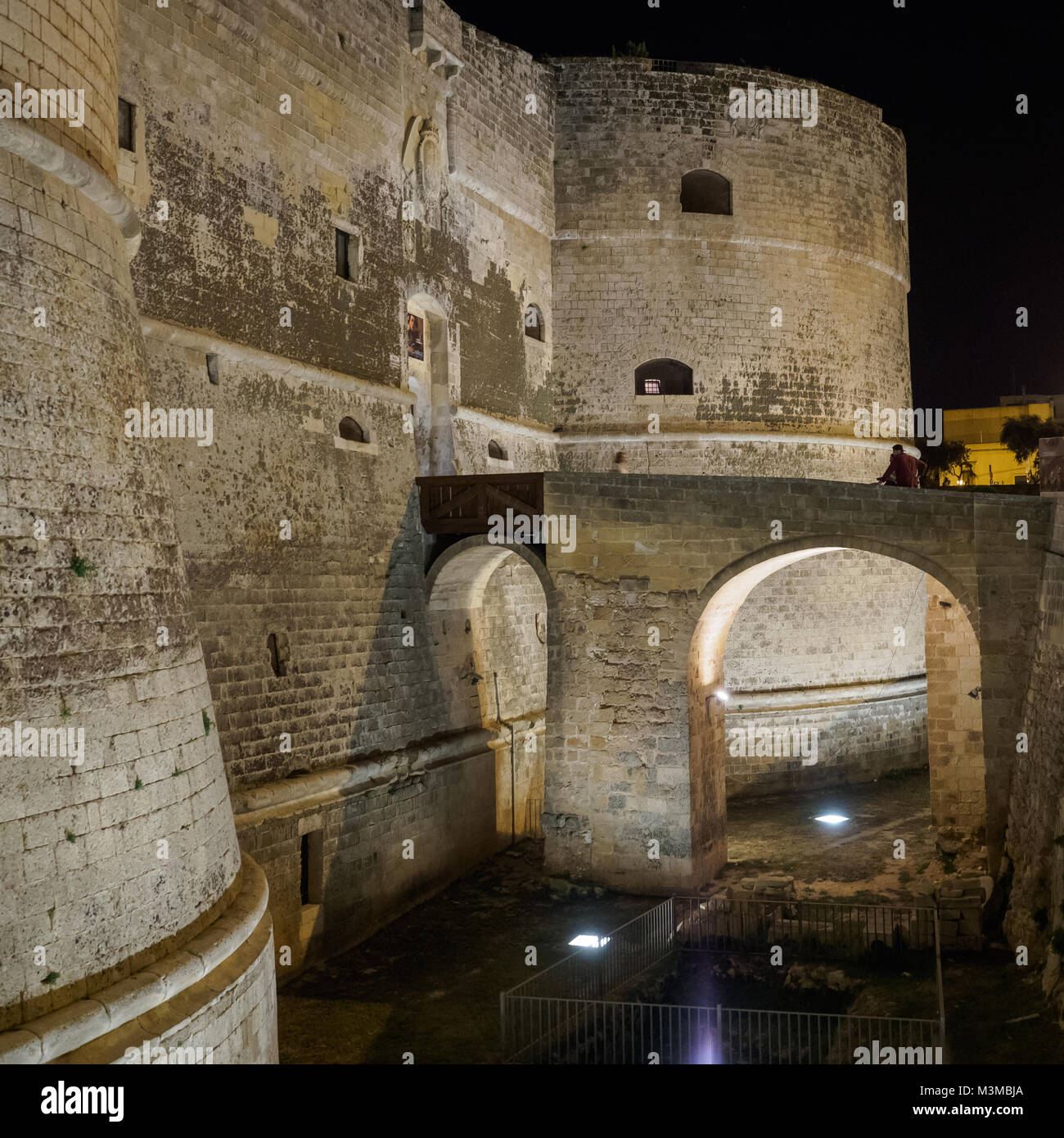 Otranto (Italy), August 2017. Night view of the entrance of the Aragonese Castle. Stock Photo