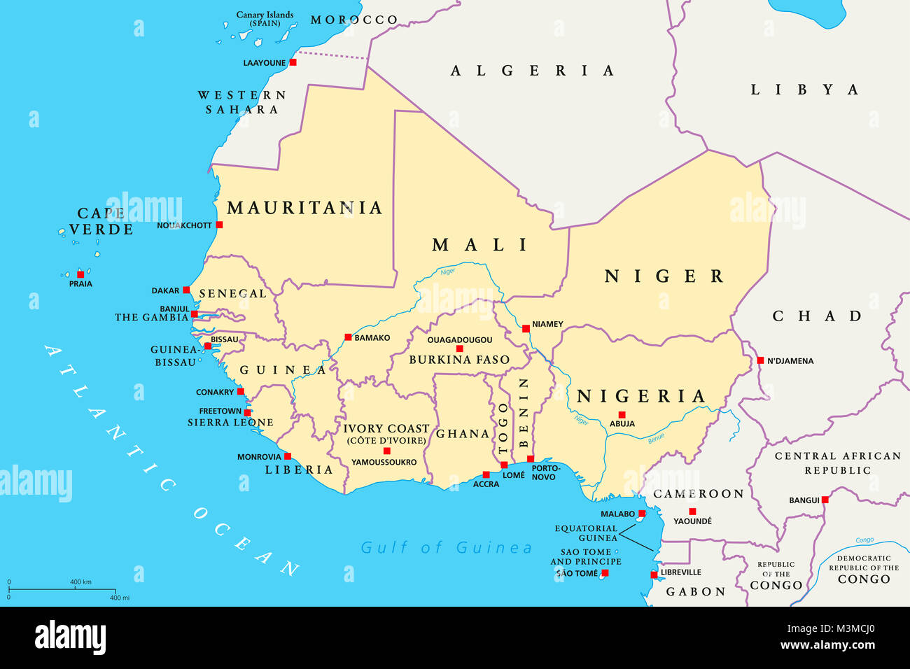 West Africa region, political map. Area with capitals and borders. The  westernmost countries on the African continent, also called Western Africa  Stock Photo - Alamy