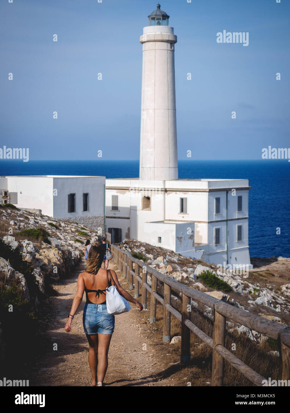 Otranto (Italy), August 2017. The lighthouse at Cape Palascia, near the Apulian town of Otranto, Italy's most easterly point. Portrait format. Stock Photo
