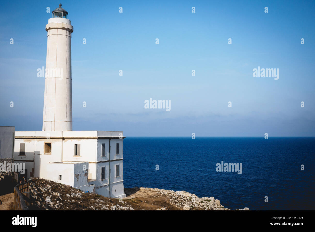 Otranto (Italy), August 2017. The lighthouse at Cape Palascia, near the Apulian town of Otranto, Italy's most easterly point. Landscape format. Stock Photo