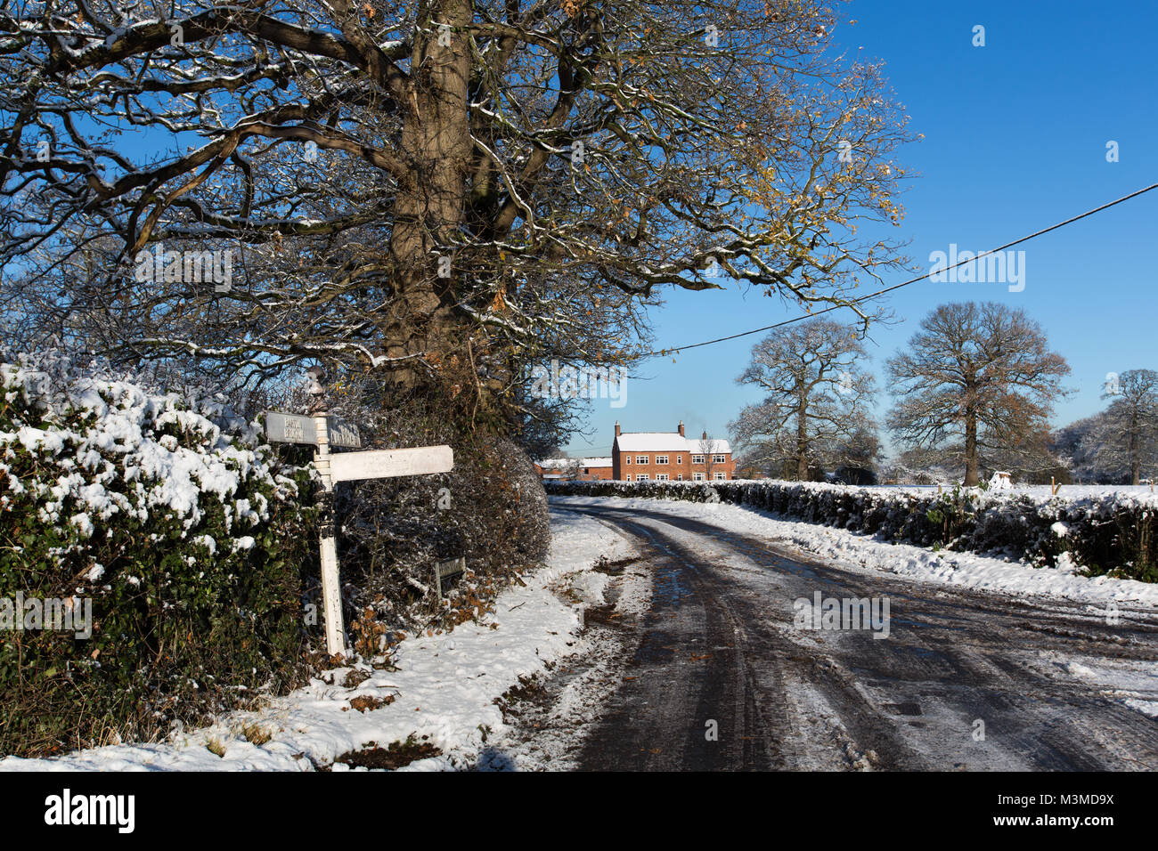 Winter England Rural Village of Coddington, England. Picturesque winter view of a rural non ...