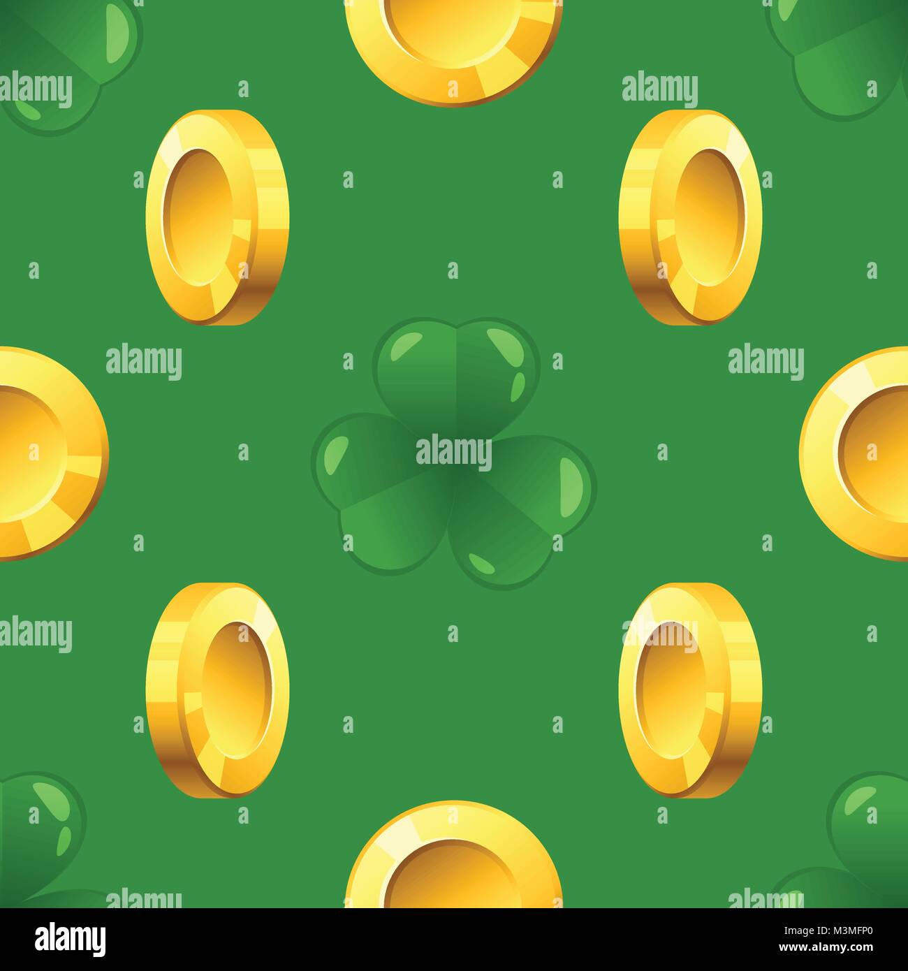 Vector seamless pattern with golden coins and shamrock on green ...