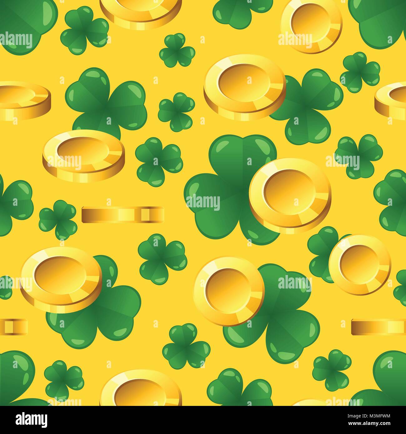 Vector seamless pattern with golden coins and shamrock on yellow ...