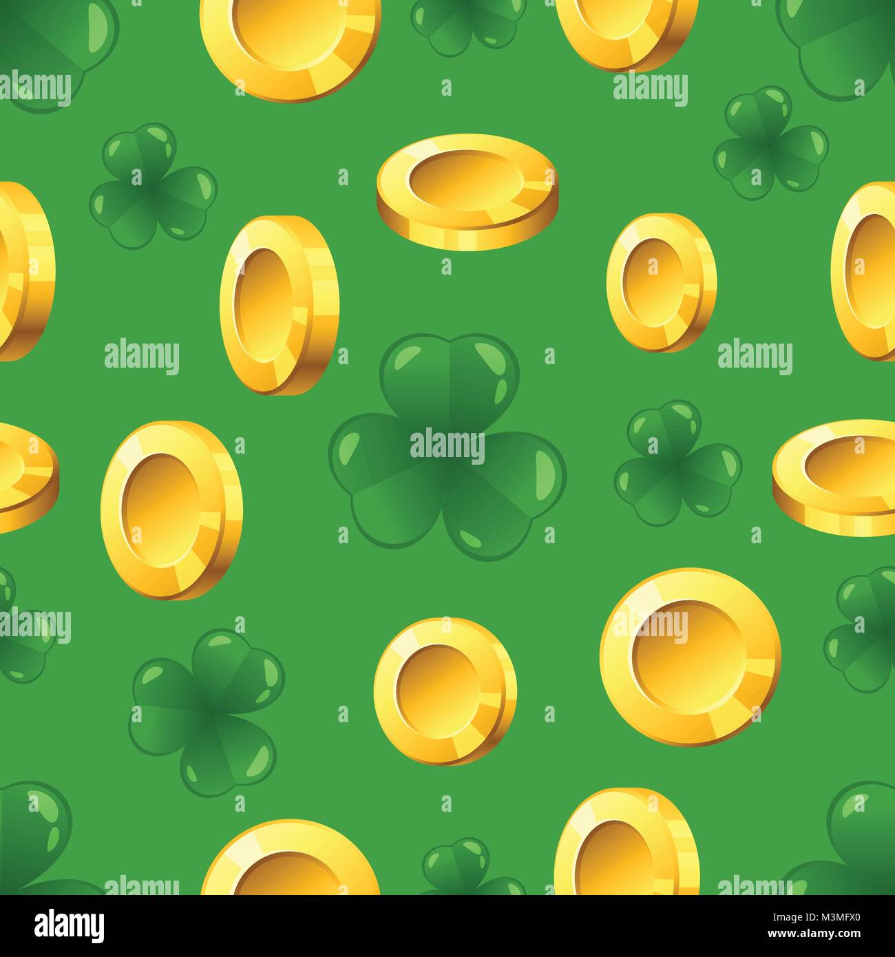Vector seamless pattern with golden coins and shamrock on green ...