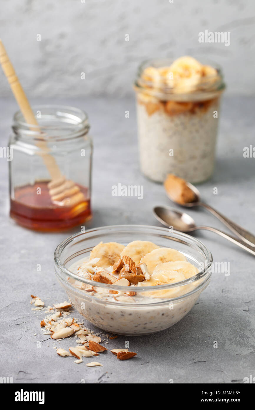 Healthy Diet Breakfast Overnight Oatmeal With Chia Seeds Bananas Stock Photo Alamy