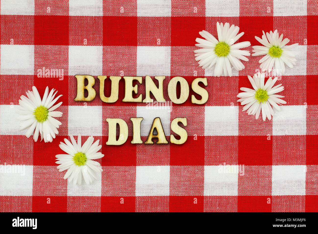 Buenos Dias (good morning in Spanish) written with wooden letters on red and white checkered cloth with daisy flowers Stock Photo