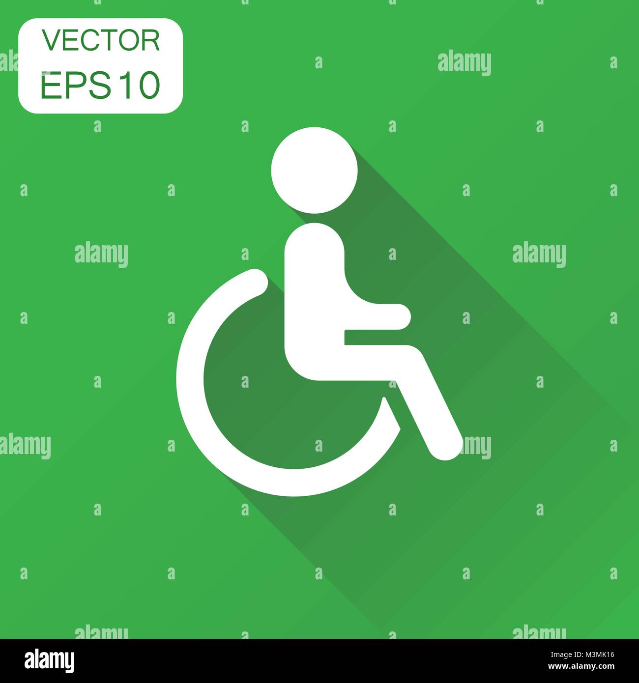 Man in wheelchair icon. Business concept handicapped invalid people pictogram. Vector illustration on green background with long shadow. Stock Vector
