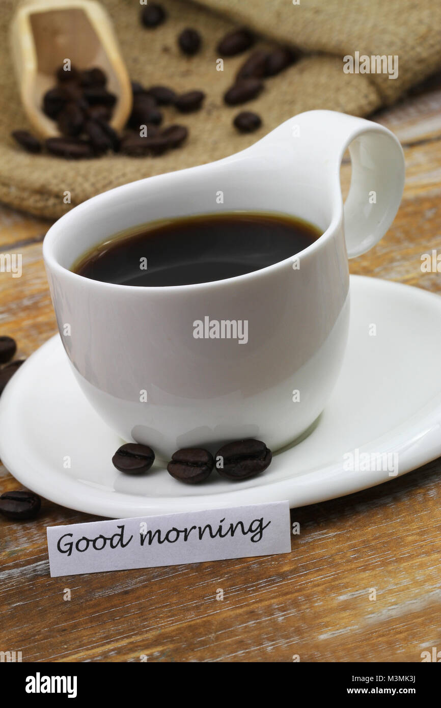 Good morning card with cup of black coffee, closeup Stock Photo ...