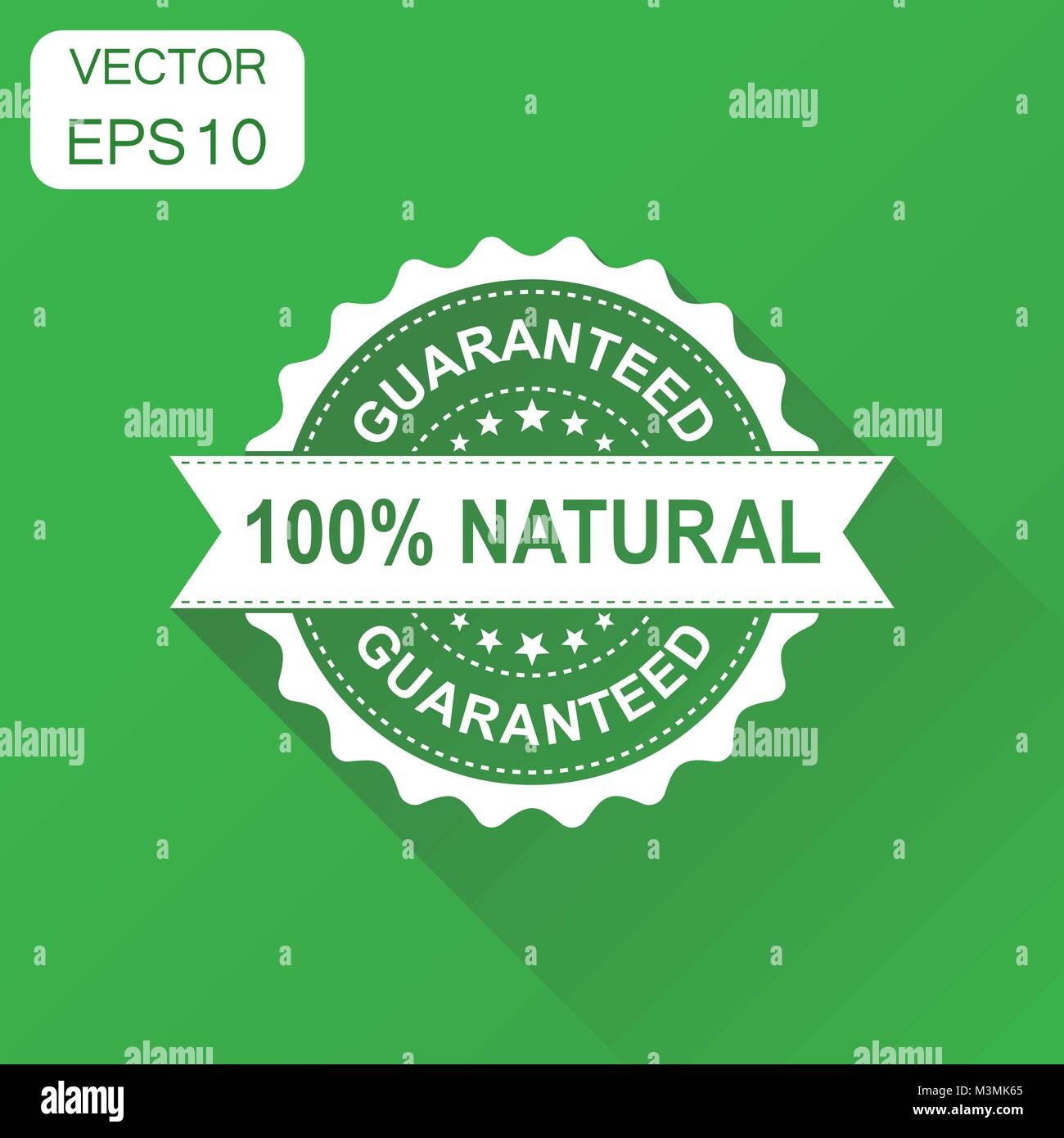 100% natural rubber stamp icon. Business concept guaranteed natural stamp pictogram. Vector illustration on green background with long shadow. Stock Vector
