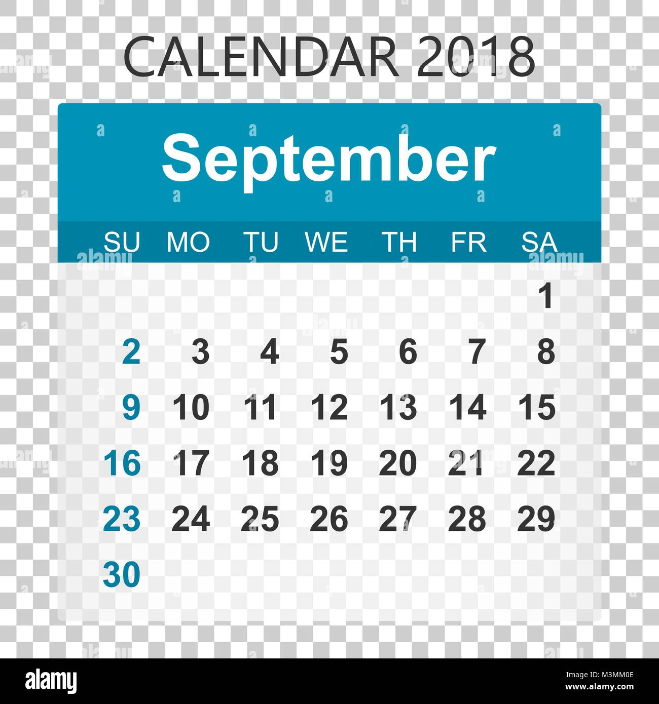 September 2018 calendar. Calendar sticker design template. Week starts on Sunday. Business ...