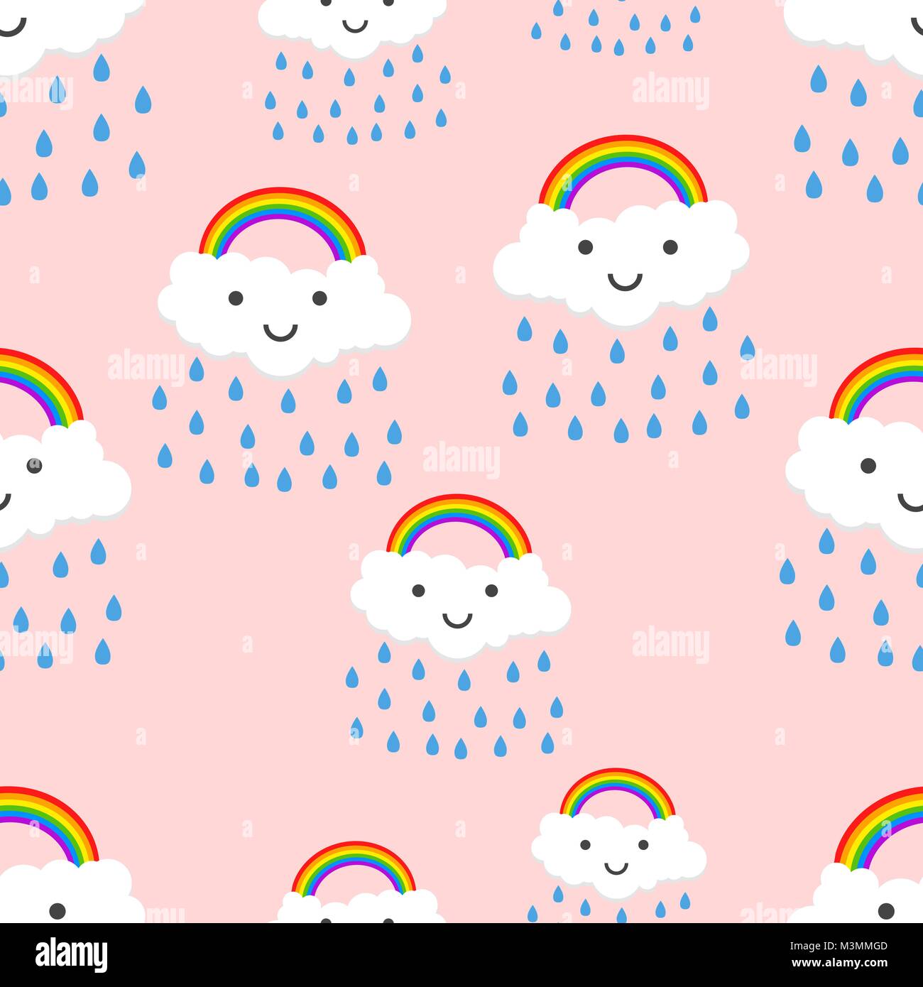 Happy rainbow emotion with clouds seamless pattern background icon ...