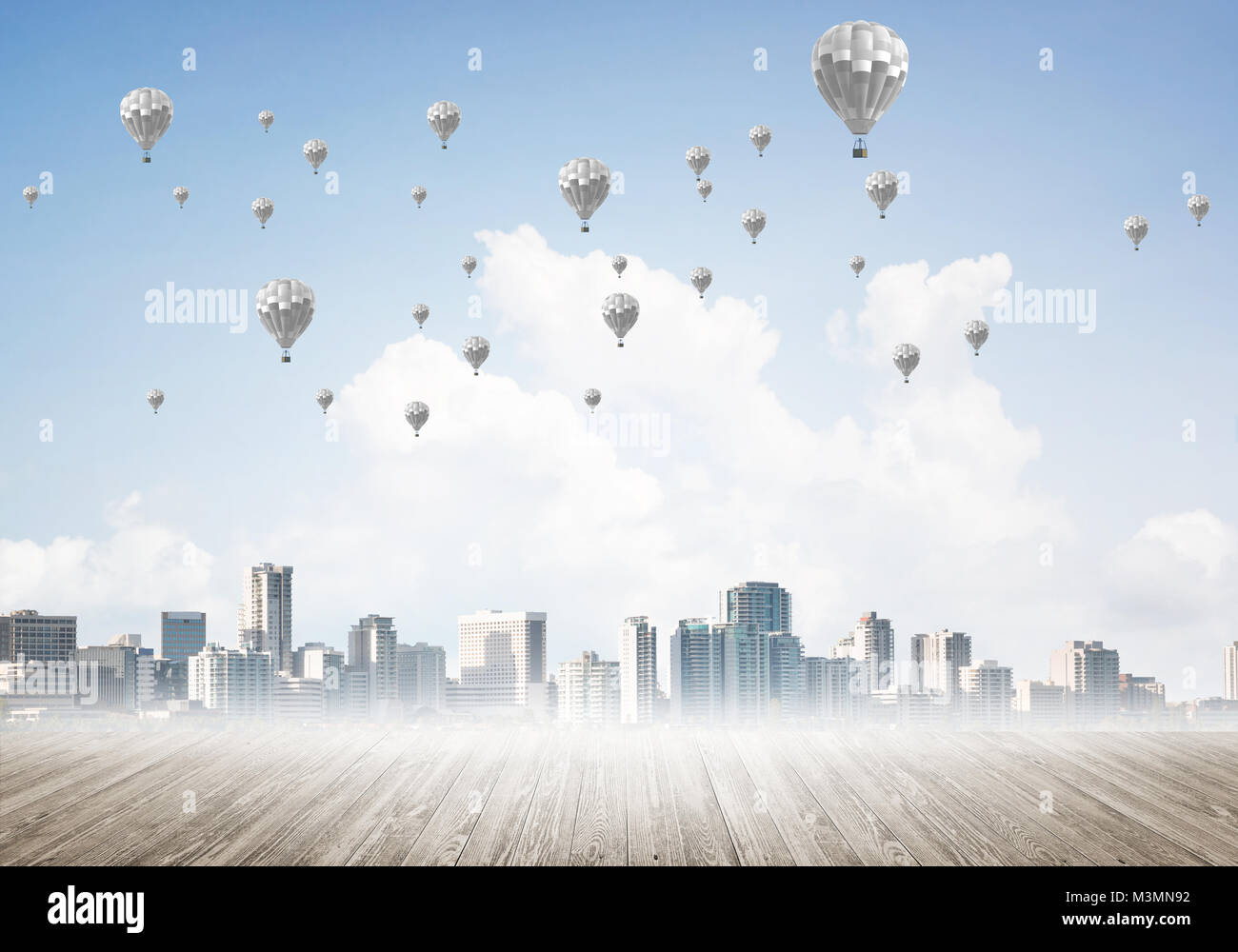 Concept of air pollution concept with aerostats flying above city Stock ...
