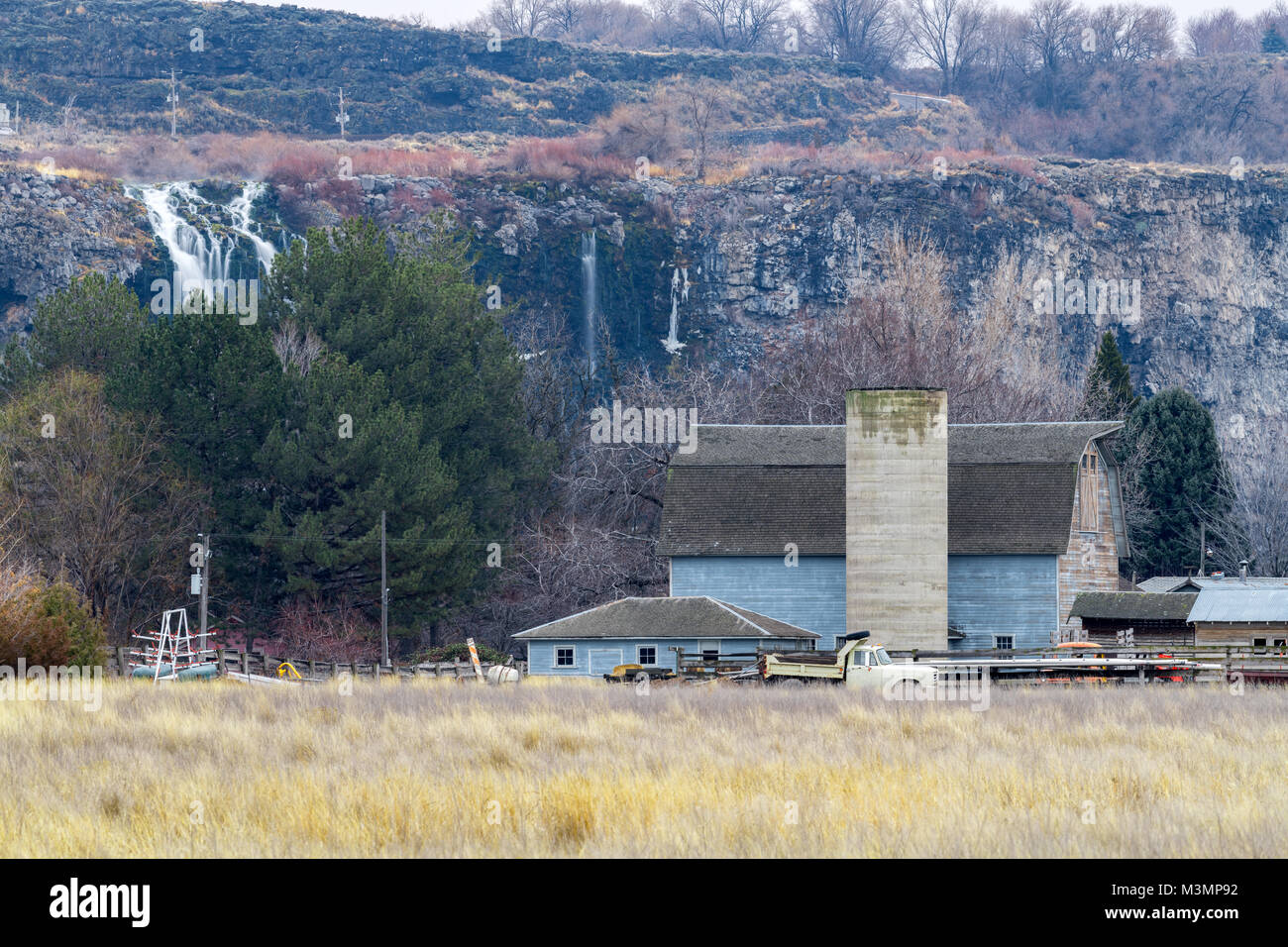 Idaho farm with a wood barn and cement silo with yellow grasses Stock Photo