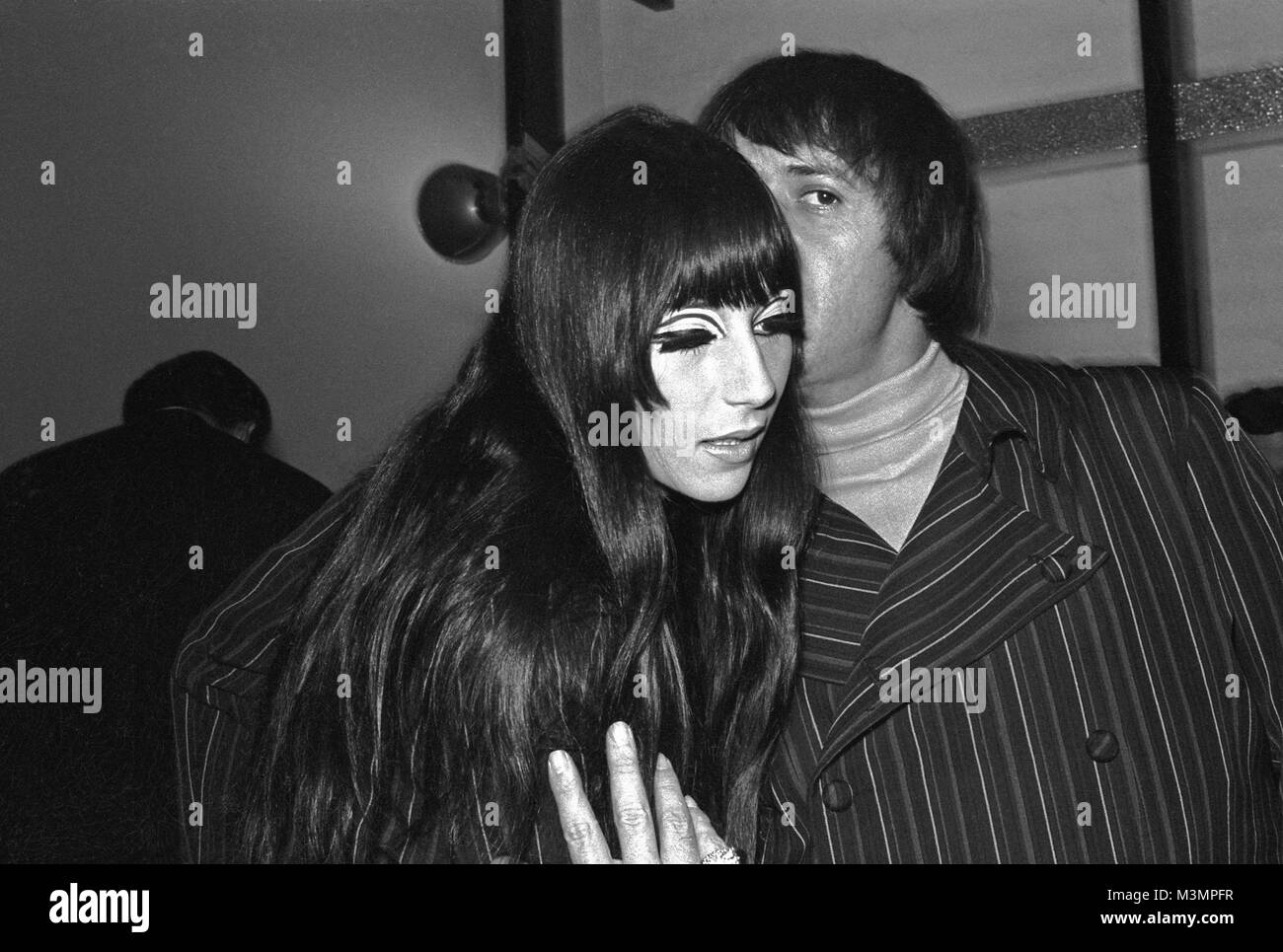 Musicians Sonny and Cher at the PR launch party of the Donovan’s Barabajagal album. September 1969. The party was held at a famous pub, The Factory, in Hollywood, with hostess and host 'Mama' Cass Elliott and Kirk Douglas. Stock Photo