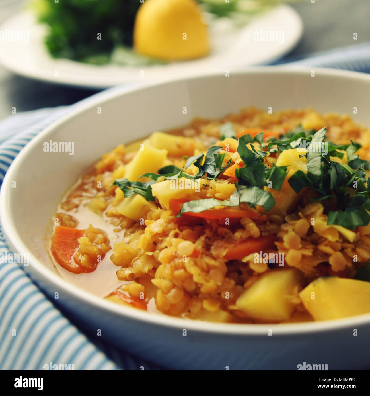 Red lentil stew on the round white plate. Vegetarian dish with potato, carrot and turmeric. European cuisine. Colorful vegan lunch. Selective focus. Stock Photo