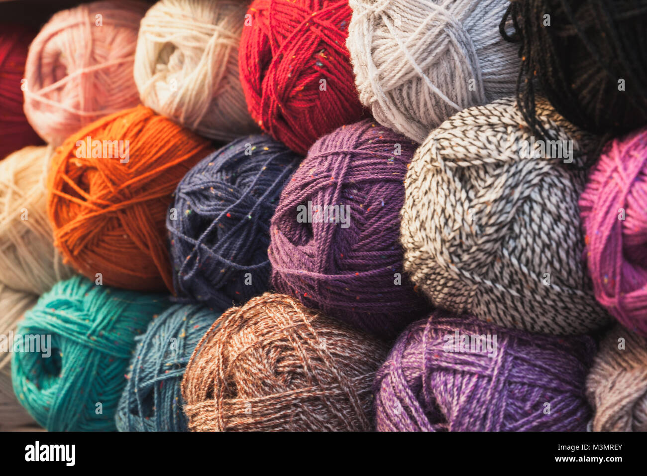 Colorful balls of wool, close up photo Stock Photo