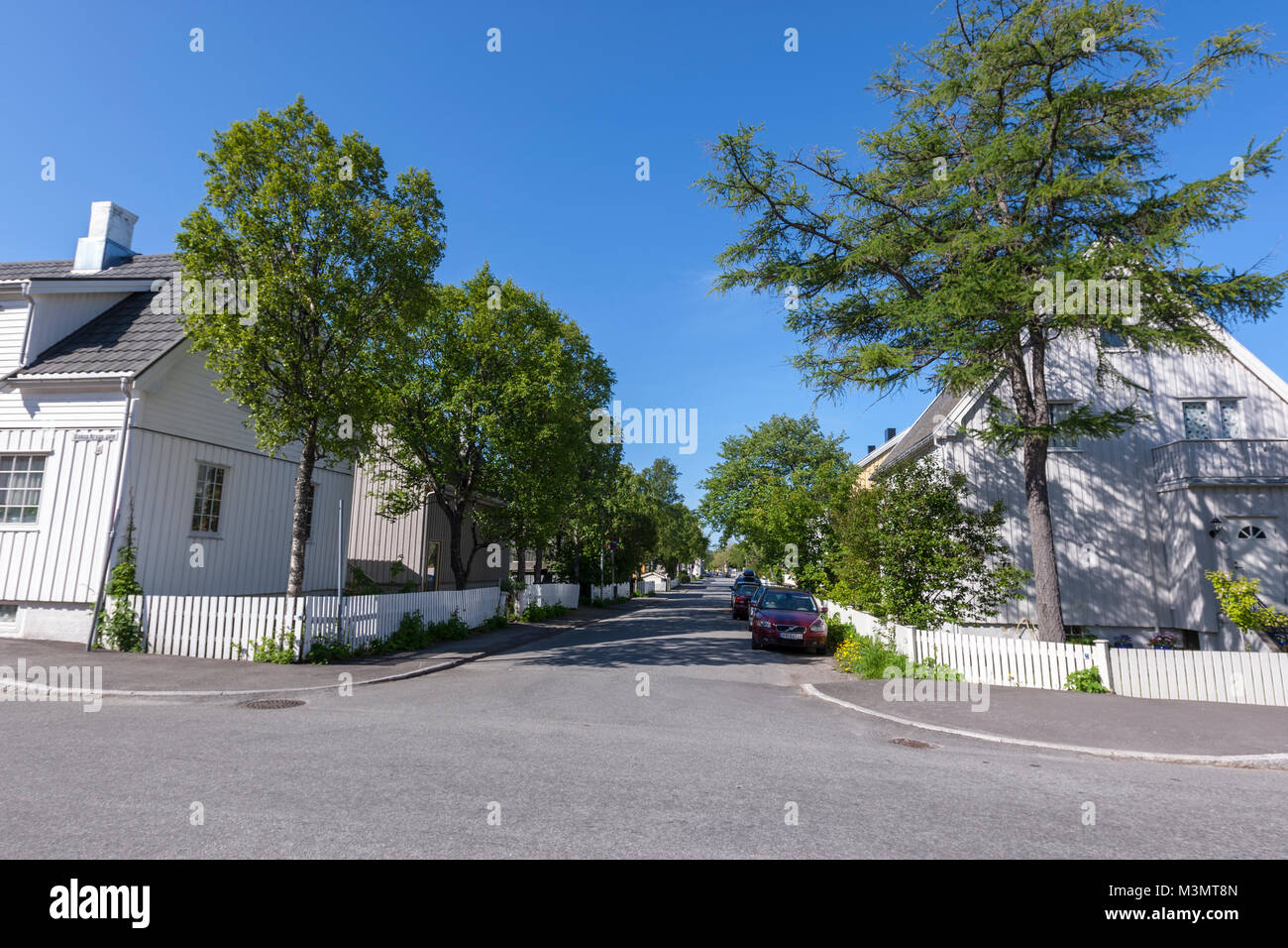 White wooden houses in a residential area in Bodo, Norway Stock Photo