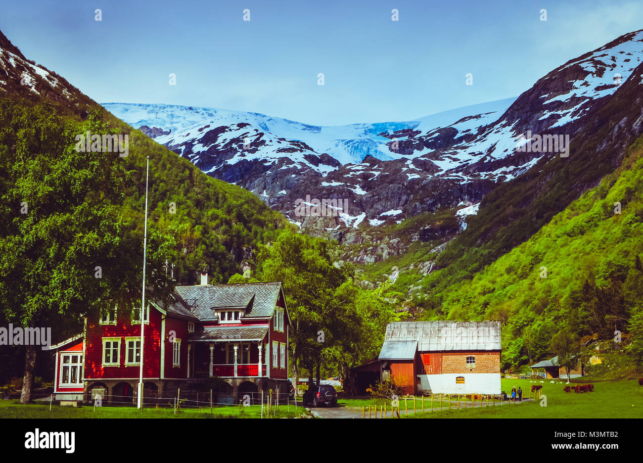 Starting point of the hike to the Buerbreen glacier nearby Odda Norway Stock Photo