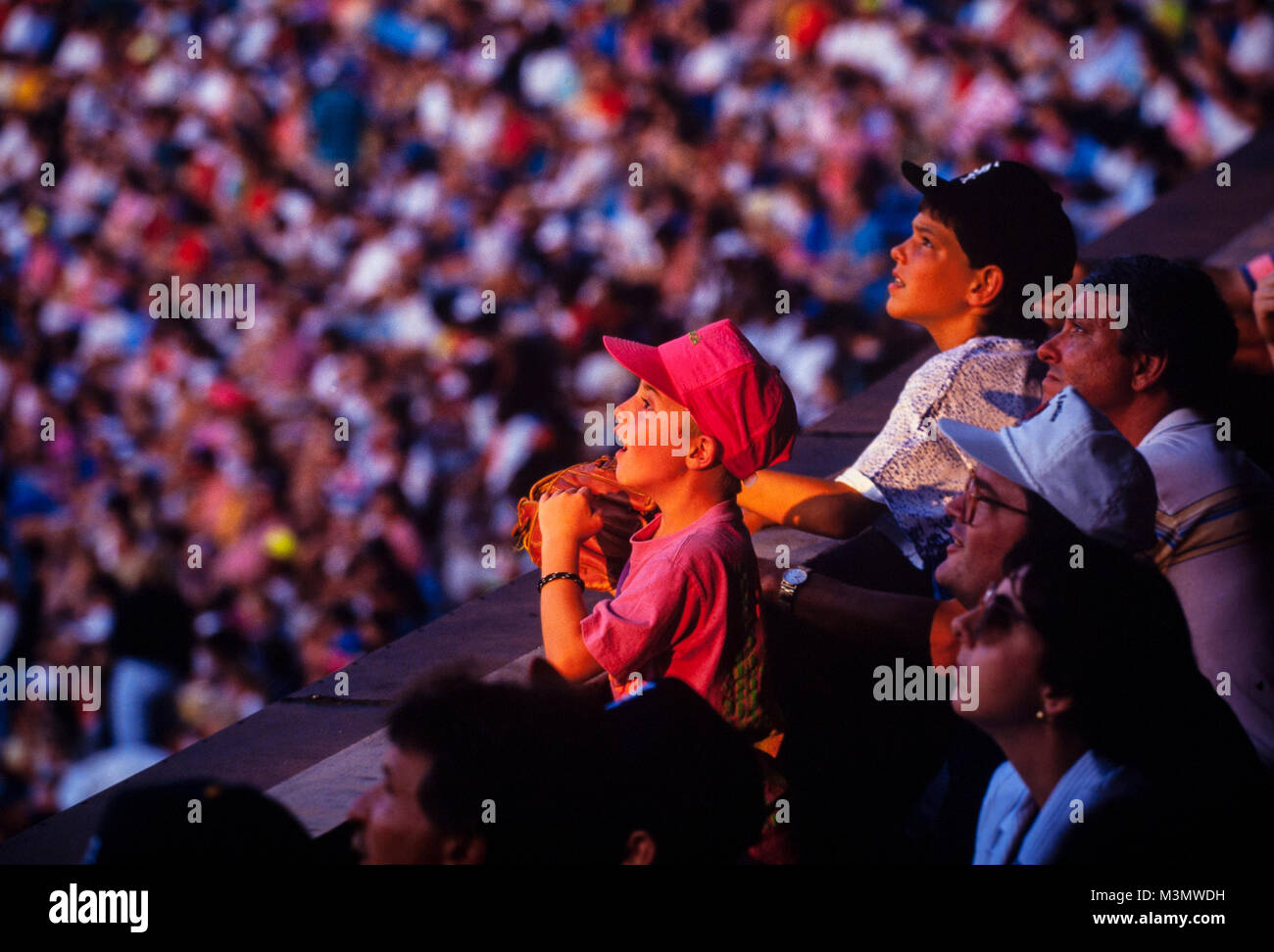 A spot of late afternoon sunlight hits a boy hoping to catch a fly ball in a baseball park Stock Photo