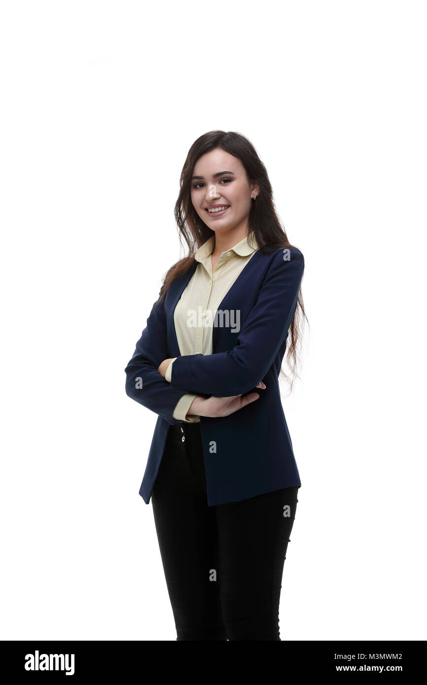Beautiful young business woman isolated white background Stock Photo ...