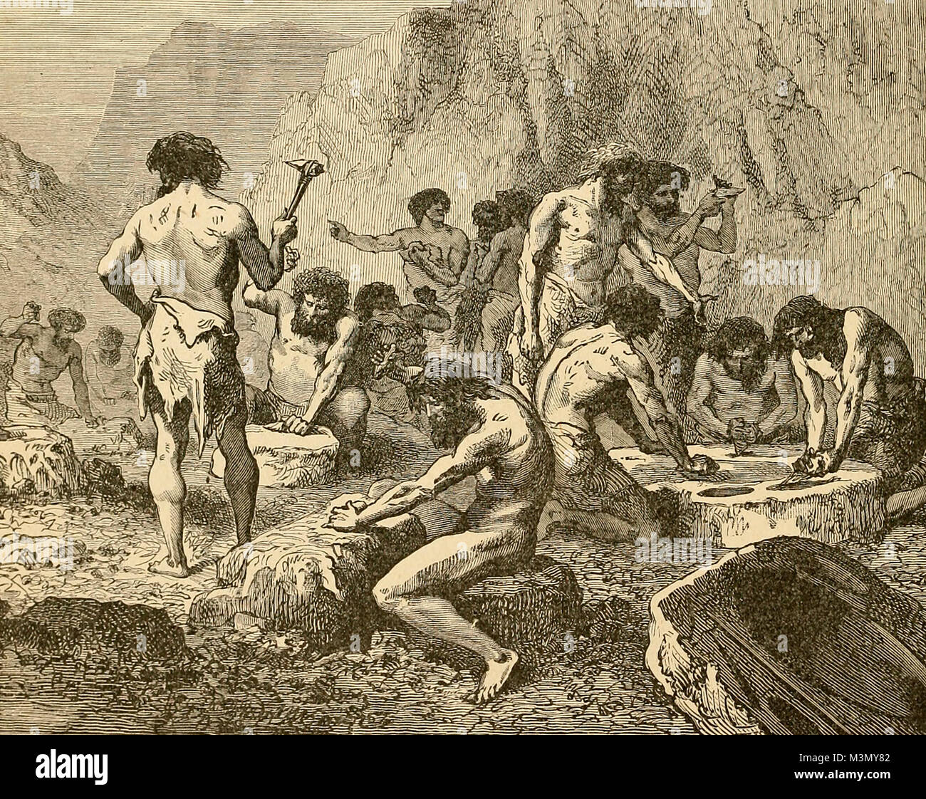 Manufacture of Flint Implements by Prehistoric Man Stock Photo
