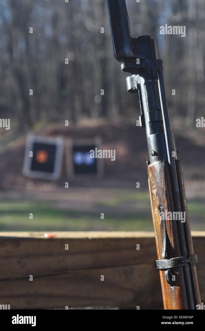 Mosin Nagant Gun Rifle with a Bayonet Attached at a Shooting Range Stock Photo