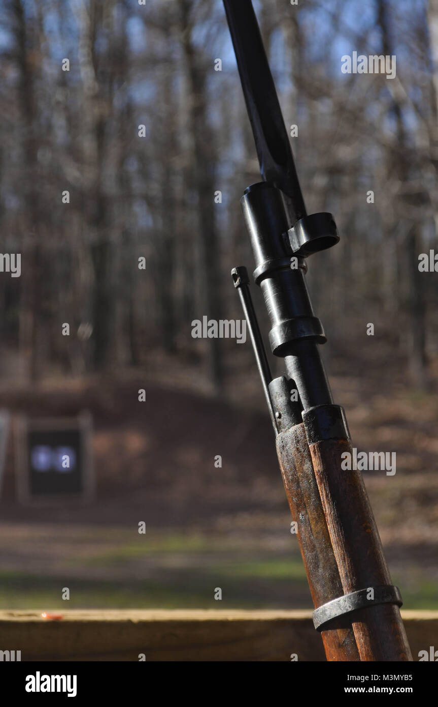 Mosin Nagant Gun Rifle with a Bayonet Attached at a Shooting Range Stock Photo