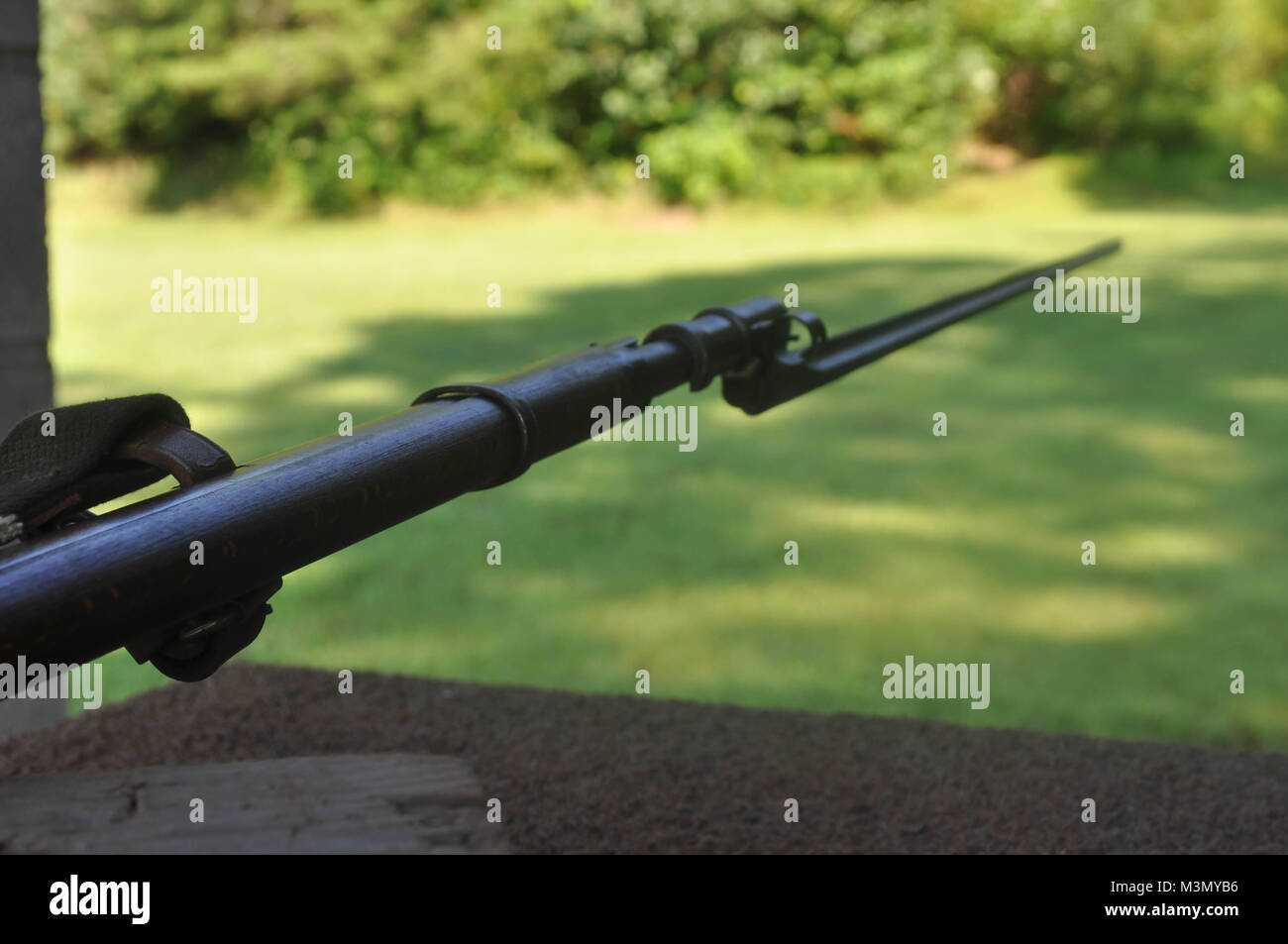 Aiming a Mosin Nagant Gun Rifle with the Bayonet Attached Stock Photo