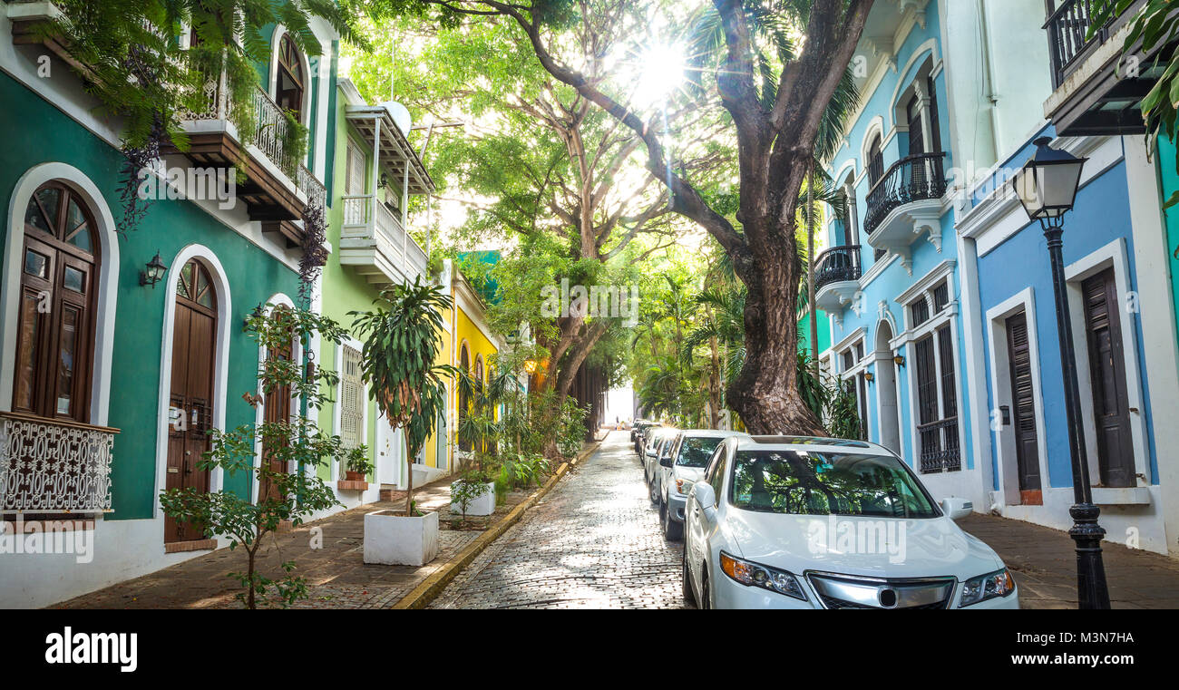 Panoramic photo of Old San Juan street in Puerto Rico Stock Photo - Alamy