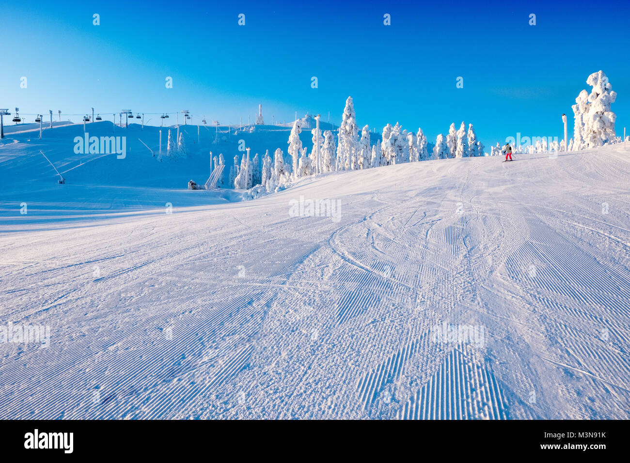Skiers on the piste at The ski resort of Ruka in Finland Stock Photo