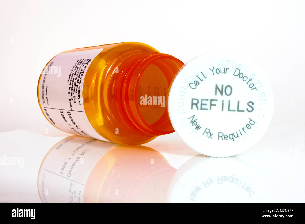 Empty prescription bottle with cap labled NO REFILLS Stock Photo Alamy