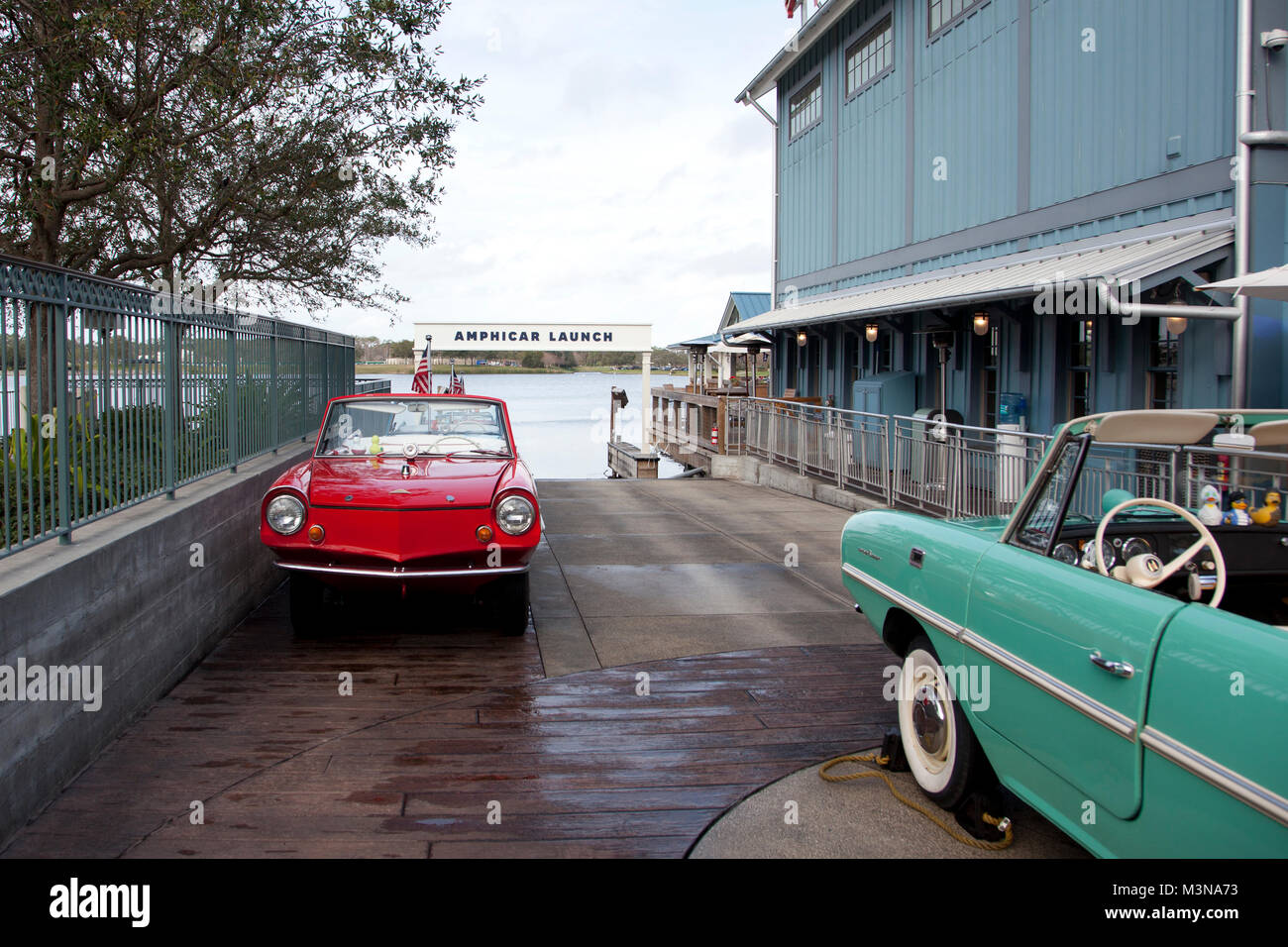 February 4, 2018- Orlando, Florida: beautiful antique cars at the amphicar boat launch at Disney Springs Stock Photo