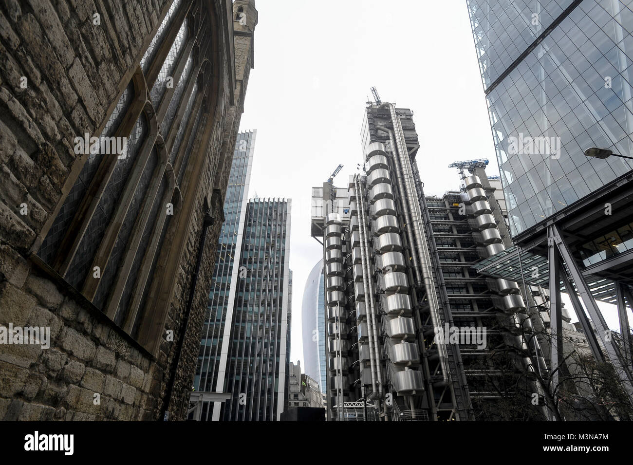 88 meter office skyscraper Lloyd's building 1978 1986 designed by Richard Rogers is Lloyd's of London headquaters in City of London, London, England,  Stock Photo