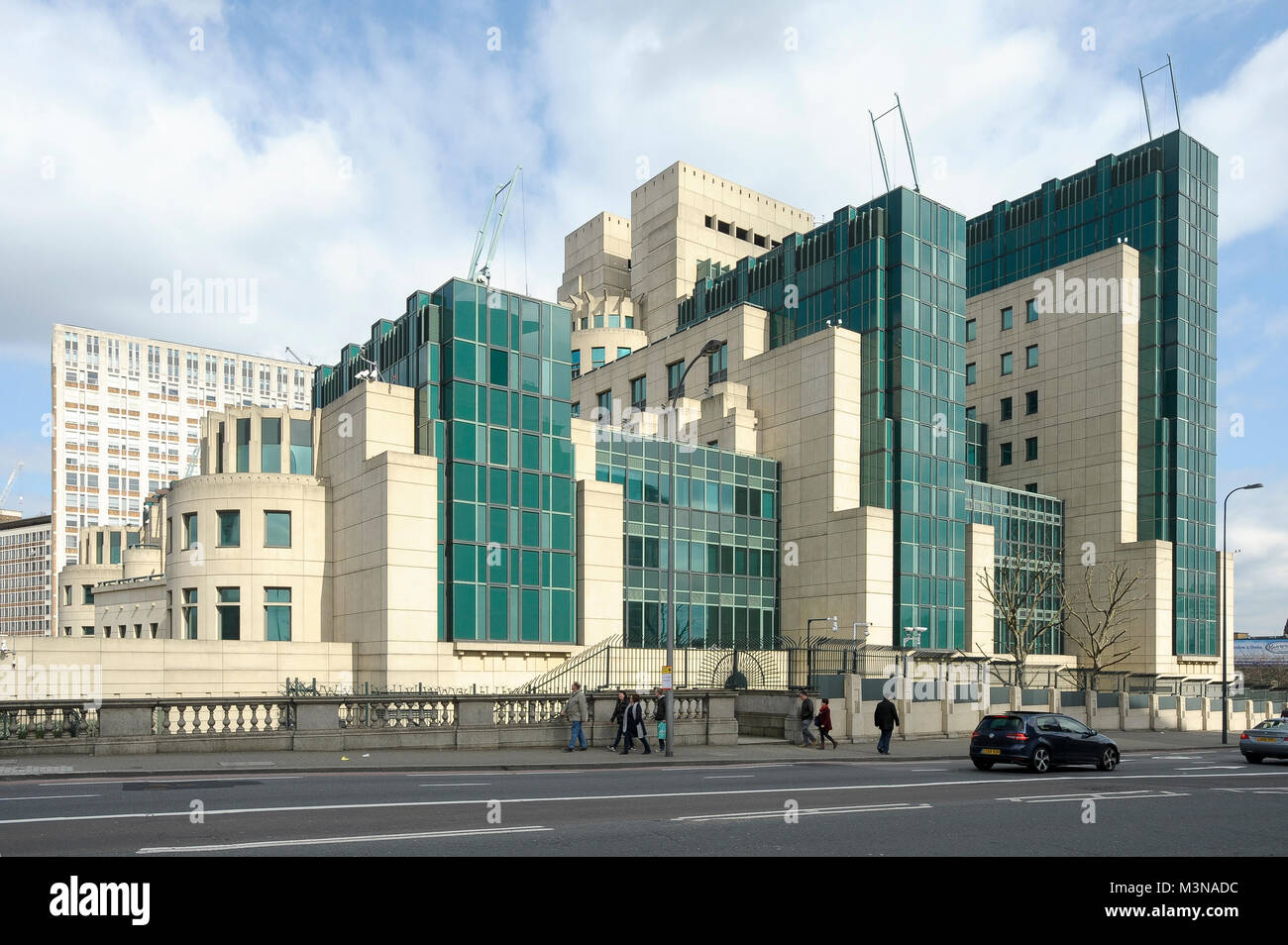 SIS Building on the South Bank of the River Thames in London, England, United Kingdom. April 5th 2015. Completed in 1994 designed by Terry Farrell is  Stock Photo