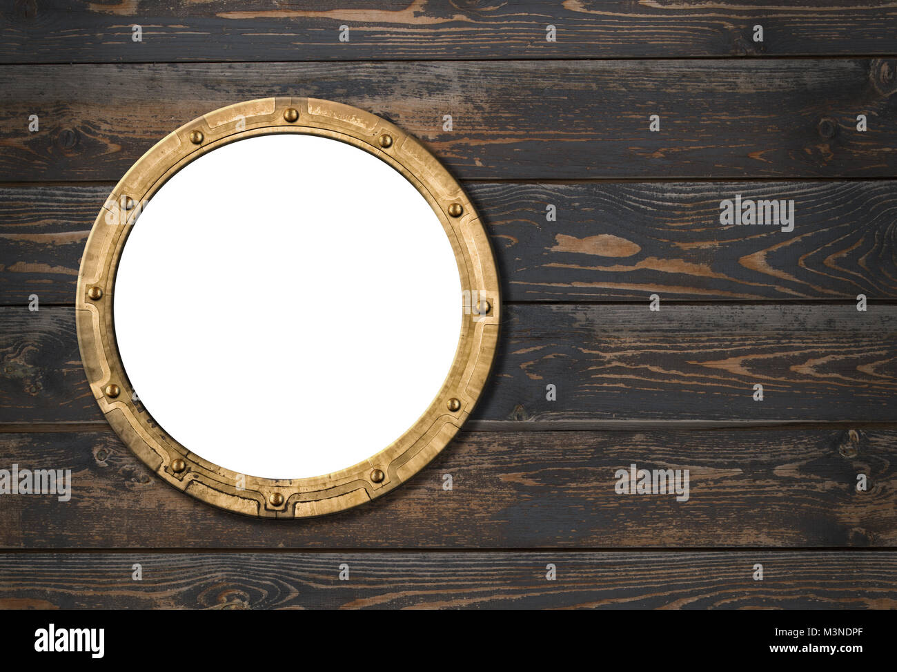 ship or boat porthole frame on wooden wall 3d illustration Stock Photo