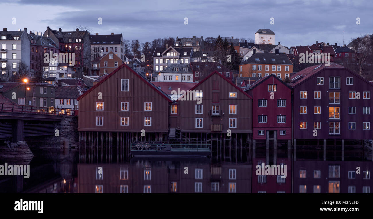 Trondheim town by night, Norway Stock Photo