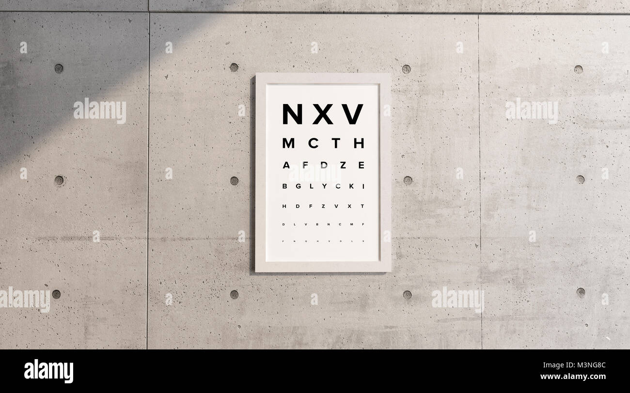 Measurement table of sight. Framework hanging on a concrete wall. View examination. Letters in block letters. Eye test. Visual Acuity Stock Photo