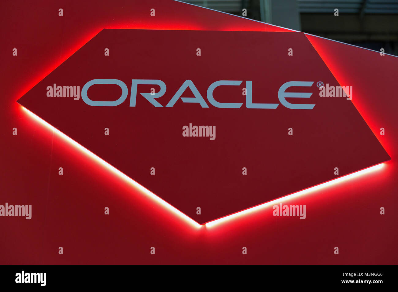 KIEV, UKRAINE - OCTOBER 07, 2017: Oracle logo closeup, American multinational computer technology corporation booth during CEE 2017, largest electroni Stock Photo