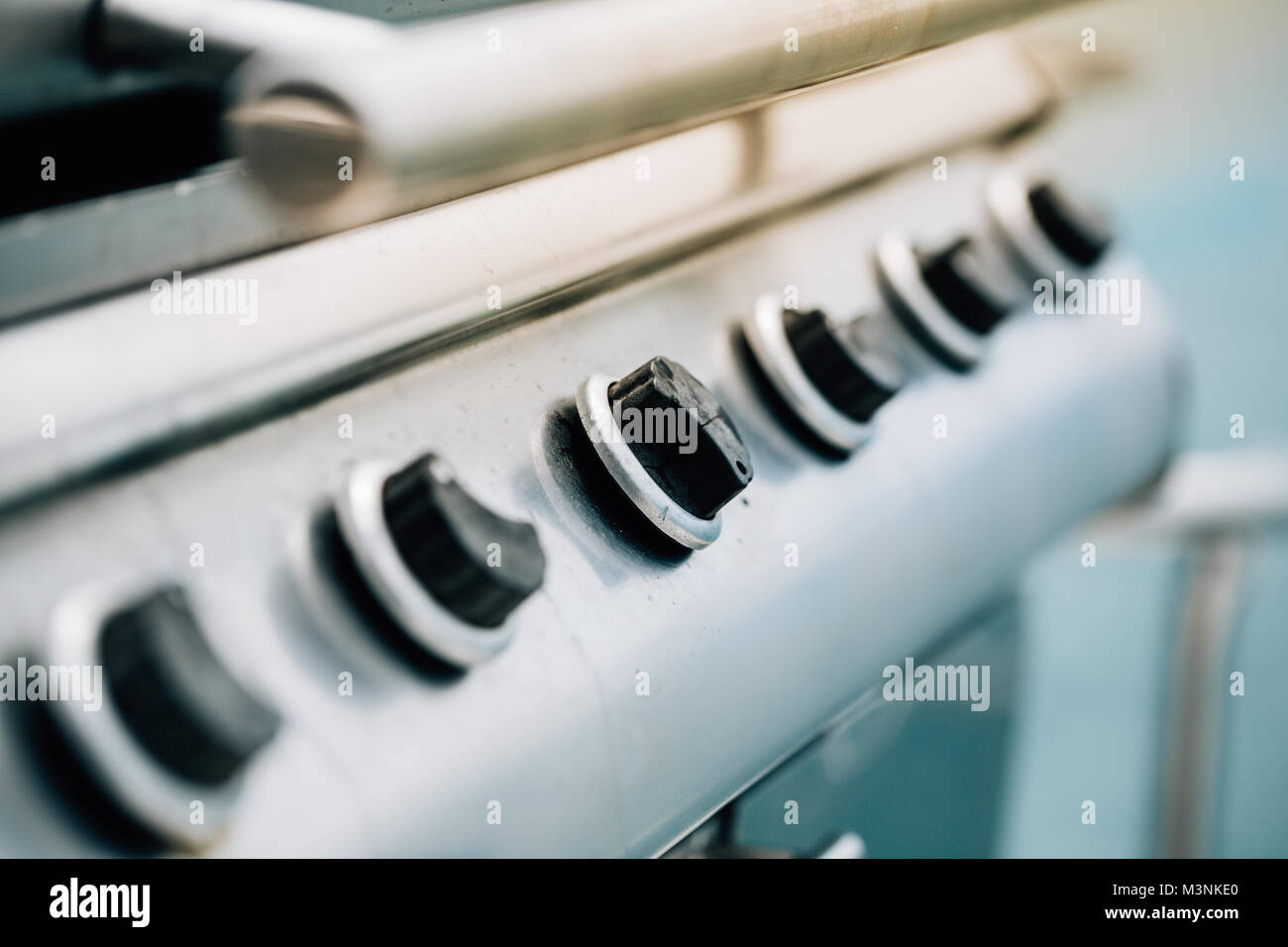 Closeup focus Barbeque steel Gas stove knob Stock Photo Alamy