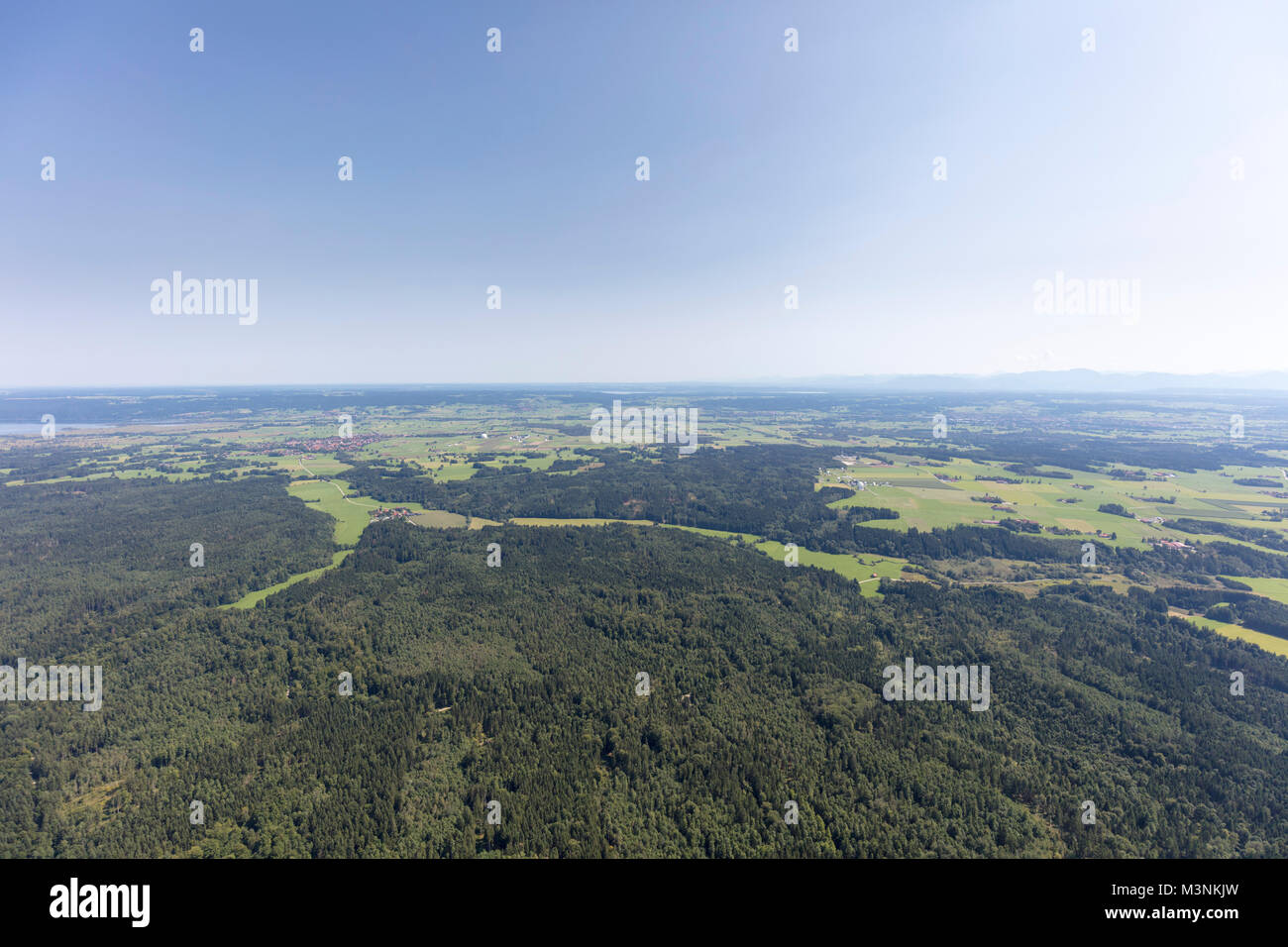 Aerial view of  Deutsches Zentrum für Luft- und Raumfahrt Weilheim and Erdfunkstelle Raisting, Bavaria, Germany Stock Photo