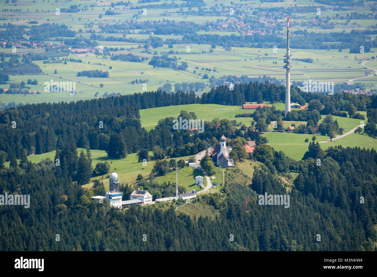 Aerial view of German Weather Service Meteorological Observatory, pilgrimage church of the Assumption, and radio transmitter tower,  Bavaria, Germany Stock Photo
