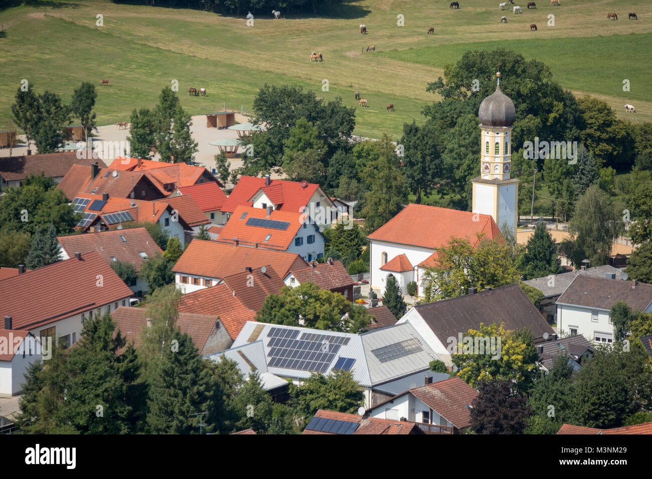 Aerial view of village of Pfaffenhofen, 82287 Jesenwang, Bavaria