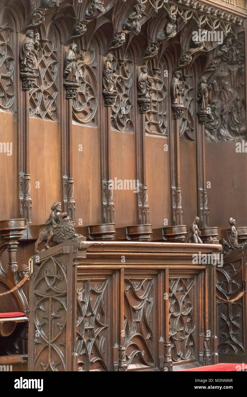 carved wooden choir stalls, St. Martin's Church, Landshut, Bavaria, Germany Stock Photo