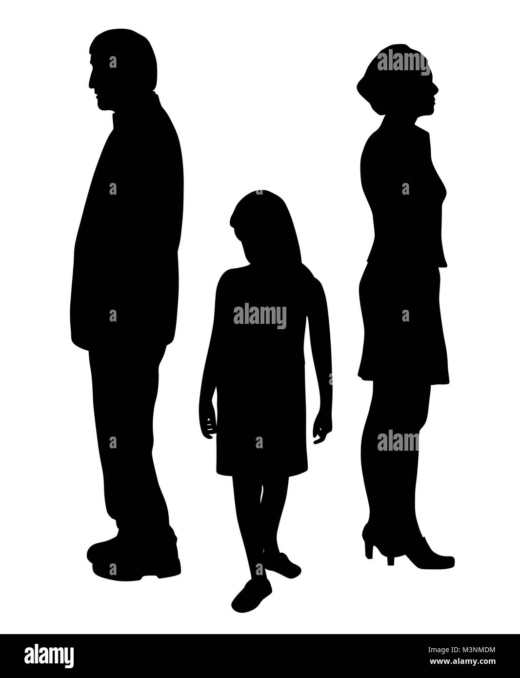Sad unhappy child standing between two divorcing parents Stock Photo