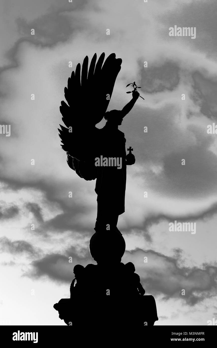 A photoshopped black and white image of the peace statue in Brighton, England depicting an 'angel of peace' holding an orb and an olive branch. Stock Photo