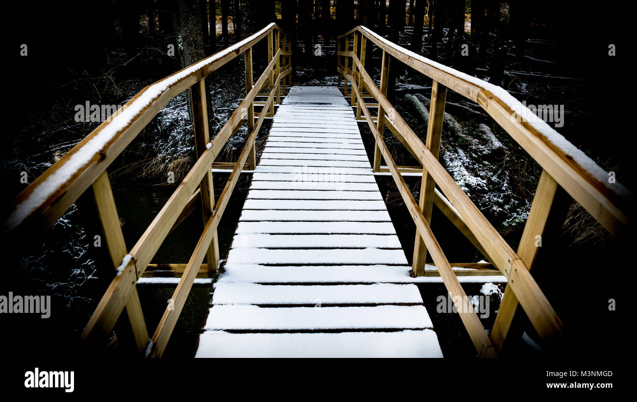 Snowy wooden footbridge over water. Artistic wintry scene with the small bridge in a dark forest. The way direct forward. Stock Photo