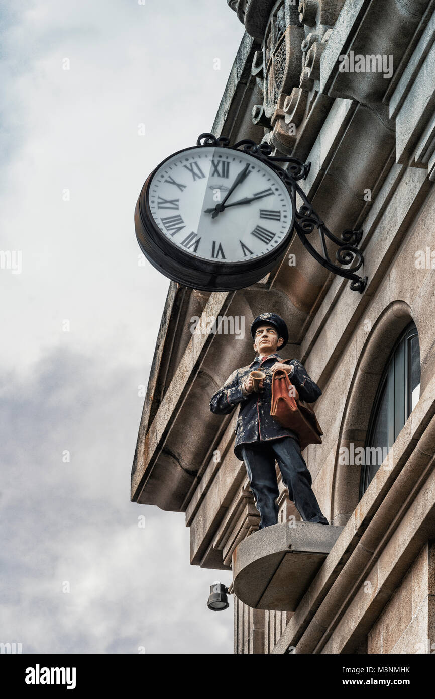 Postman sculpture on the facade of the post office of the city of Lugo, Galicia, Spain, Europ Stock Photo