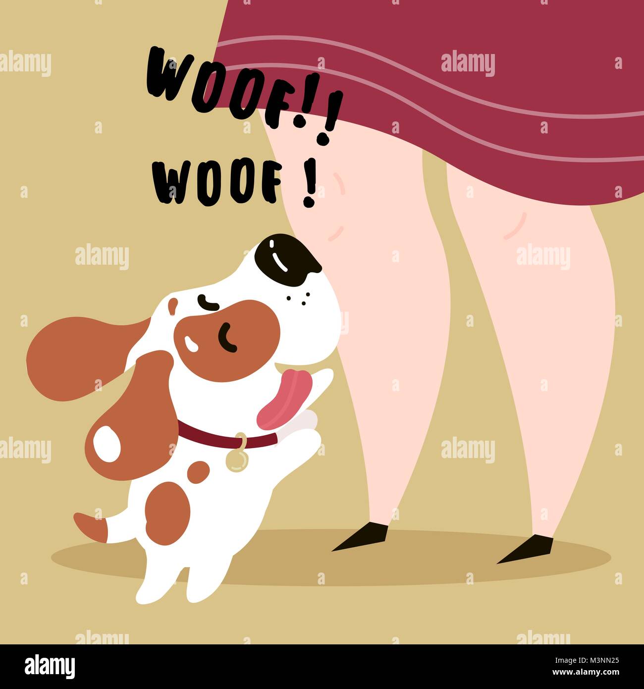 Happy biegle dog and his master. Woof text Stock Vector