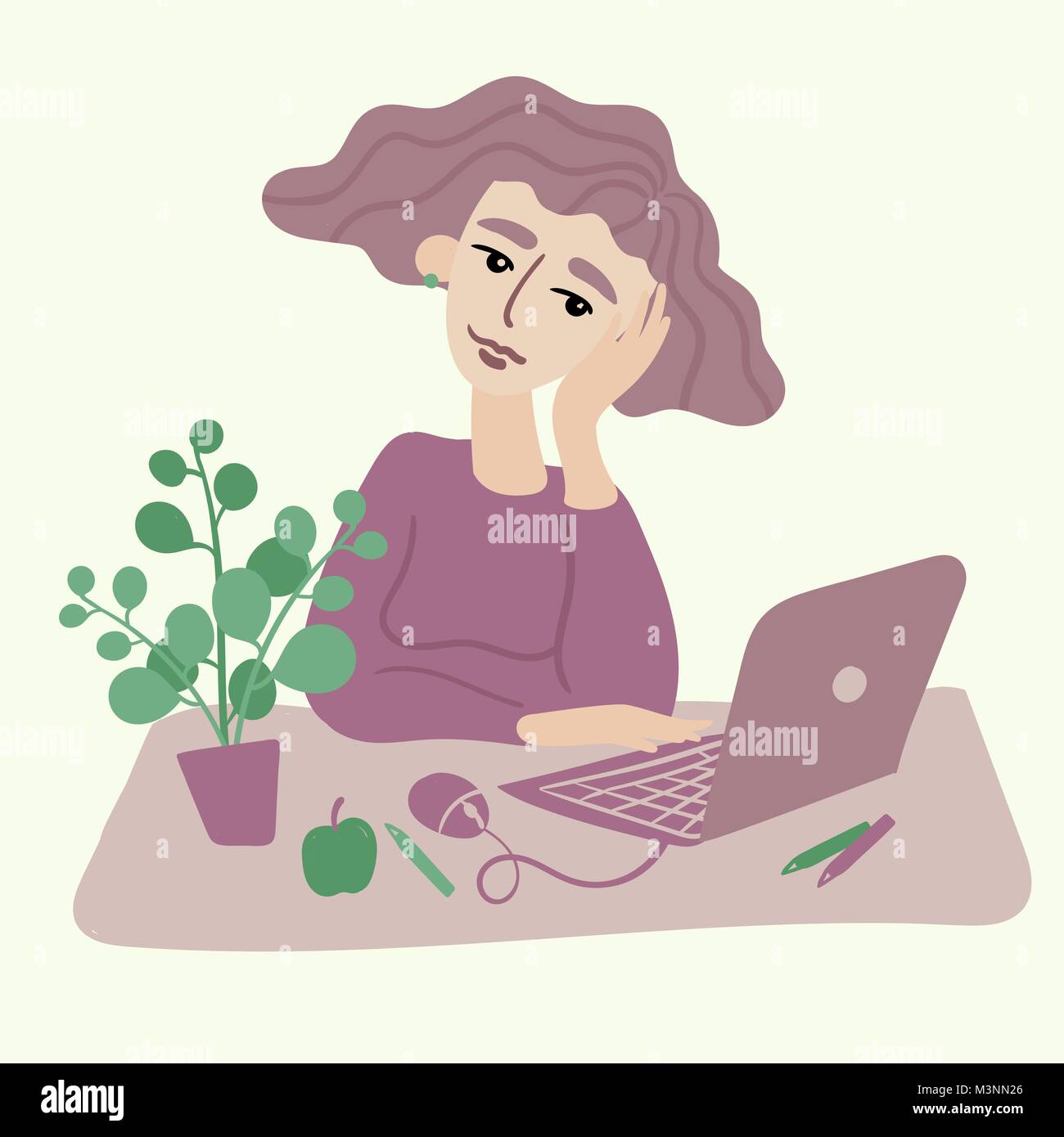 Woman with curly black hair working at a laptop in office Stock Vector
